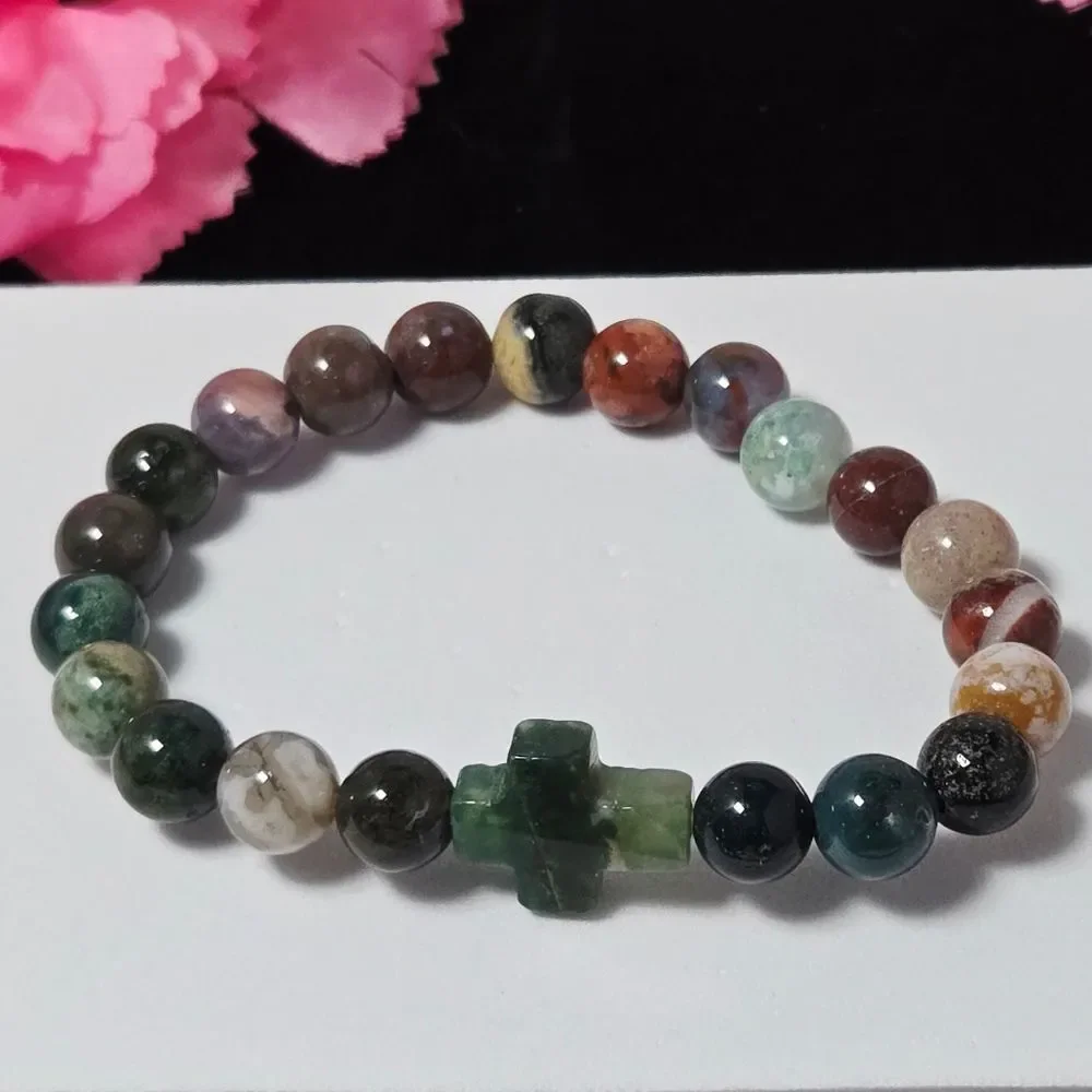 Natural Indian Agate Green Aventurine Cross Stretch Bracelet Christian Gift